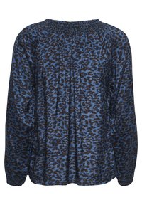 Blue and black leopard print blouse with long sleeves, gathered neckline, and pleated back detail. Soft fabric with smooth texture.