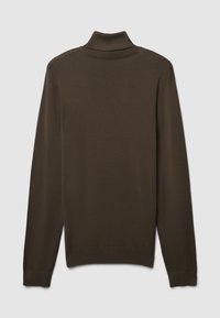 Maglione marrone a collo alto lavorato a maglia con maniche lunghe e polsini a coste, caratterizzato da un design semplice e da una texture liscia. Vista posteriore mostrata.
