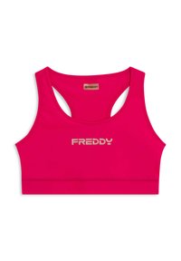 Sujetador deportivo FREDDY en rosa brillante, con escote redondo, tirantes anchos y diseño de espalda con abertura. Logo plateado impreso en el frente.