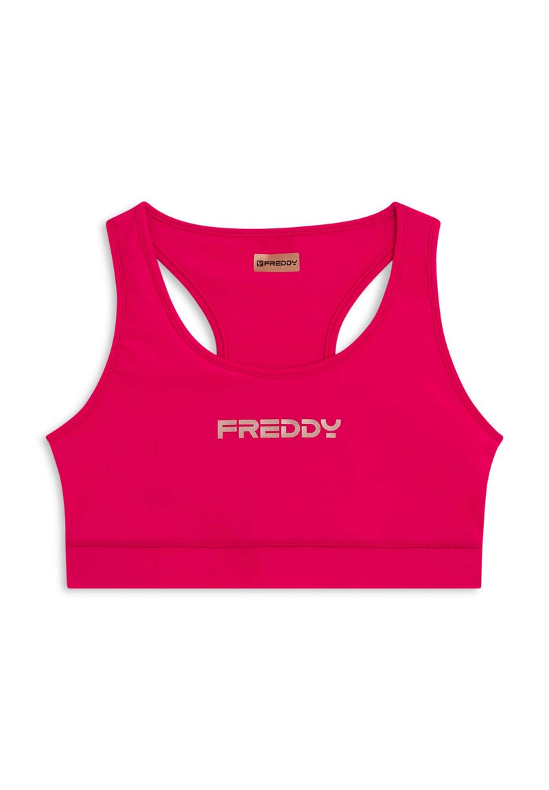 Sujetador deportivo FREDDY en rosa brillante, con escote redondo, tirantes anchos y diseño de espalda con abertura. Logo plateado impreso en el frente.
