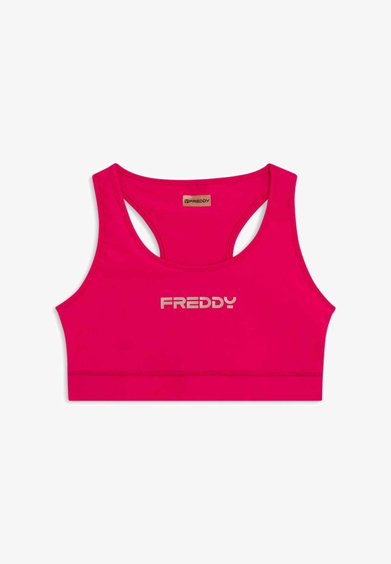 Sujetador deportivo FREDDY en rosa brillante, con escote redondo, tirantes anchos y diseño de espalda con abertura. Logo plateado impreso en el frente.