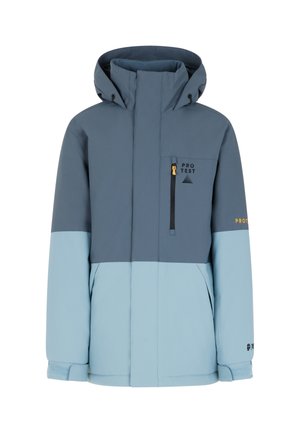 Giacca da sci blu e azzurro chiaro, caratterizzata da un alto colletto, tasca sul petto con cerniera, cappuccio regolabile e dettagli con logo sulla parte anteriore.