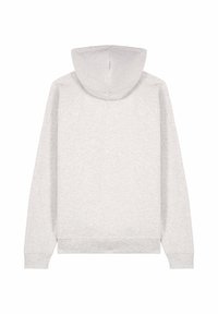 Felpa con cappuccio grigio chiaro vista da dietro con maniche lunghe e polsini e orlo a coste.