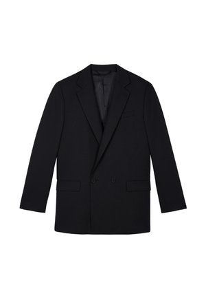 Zwarte dubbelgeknoopte blazer met inkeping revers, twee voorzakken met klep en een borstzak, afgebeeld op een witte achtergrond.