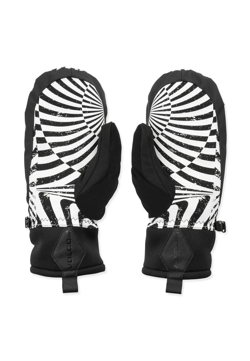 Muffole bianco e nero con motivo a spirale, design imbottito, texture liscia, chiusura regolabile al polso e dettagli rinforzati.