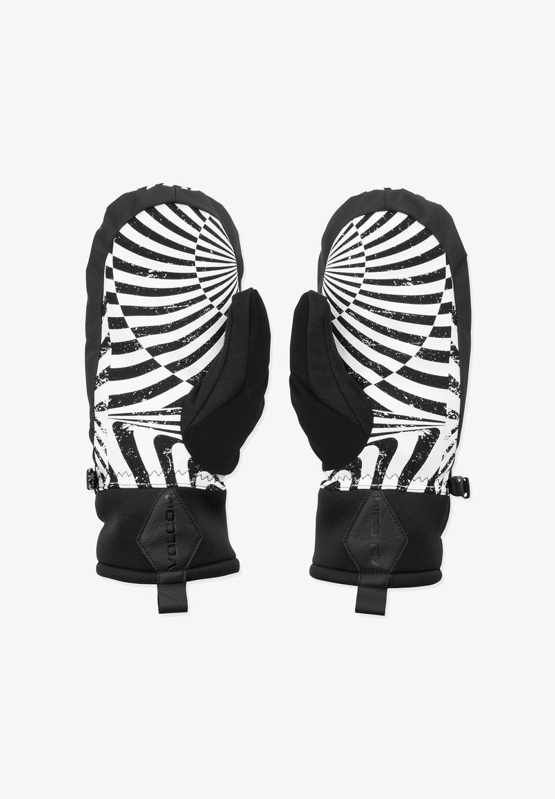 Muffole bianco e nero con motivo a spirale, design imbottito, texture liscia, chiusura regolabile al polso e dettagli rinforzati.
