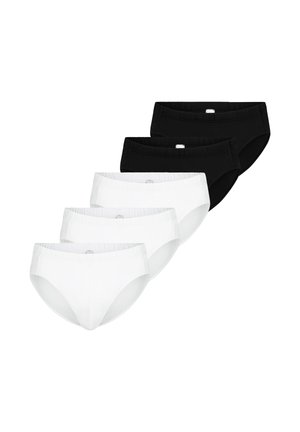 Cinq slips en coton noirs et blancs, empilés de manière alternée, vue de face avec des ceintures élastiques.
