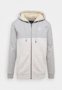 Felpa grigia con zip e foderatura in pelliccia sintetica. Presenta un design bicolore, tasche frontali e cappuccio con coulisse. Texture morbida, dettaglio del logo minimalista.