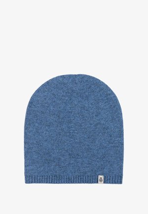 Blue knit beanie featuring a smooth texture, rounded shape, and a small brand tag at the bottom. The material appears soft and warm.