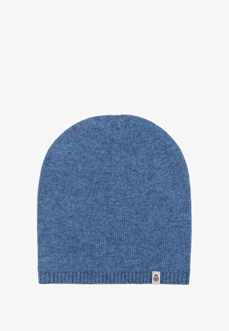 Blue knit beanie featuring a smooth texture, rounded shape, and a small brand tag at the bottom. The material appears soft and warm.