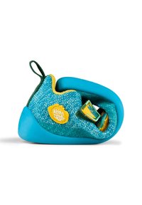 Scarpa da arrampicata blu con parte superiore in tessuto testurizzato, dettagli gialli e suola in gomma. Presenta un'elegante linguetta per facilitare la calzata. Logo Affenzahn visibile.
