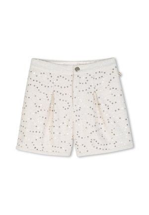 Shorts blancs taille haute avec motifs floraux en sequins argentés, plis devant et bouton décoratif à la taille, présentés sur un fond blanc.