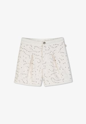 Shorts blancs taille haute avec motifs floraux en sequins argentés, plis devant et bouton décoratif à la taille, présentés sur un fond blanc.