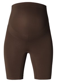 Brune graviditetsshorts med høj talje, lavet af glat, strækbart stof. Har et sømløst design og knælængde.