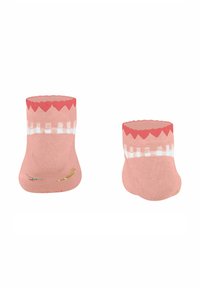 Pink cotton socks with a scalloped top edge, white geometric pattern, and a colorful feather design. Short ankle length.