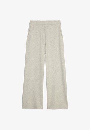 Helle graue weit geschnittene Hose aus weichem Stoff mit elastischem Bund und Seitentaschen. Verfügt über ein einfaches, klares Design.