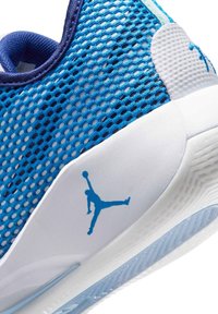 Chaussure de sport bleue et blanche avec tige en mesh et logo Jumpman sur le côté, dotée d'un talon texturé et d'une semelle en caoutchouc.