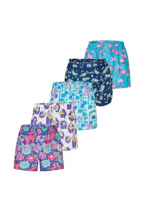 Fünf Paar bunte Shorts mit elastischen Bund, jeweils mit unterschiedlichen verspielten Mustern von Tieren und Blumen auf verschiedenen Hintergrundfarben.