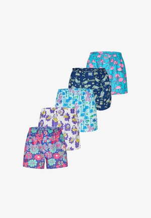 Fünf Paar bunte Shorts mit elastischen Bund, jeweils mit unterschiedlichen verspielten Mustern von Tieren und Blumen auf verschiedenen Hintergrundfarben.