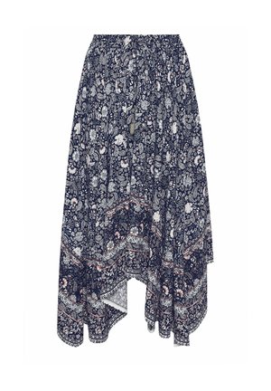 Marineblauwe asymmetrische rok met witte bloem- en paisley-patronen, elastische tailleband en trekkoord aan de voorkant.