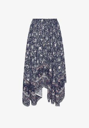 Gonna asimmetrica blu navy con motivi floreali bianchi e paisley, vita elasticizzata e coulisse frontale.