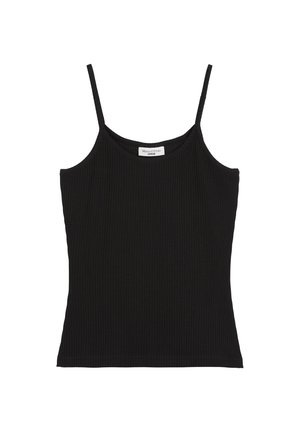 Czarny prążkowany top na ramiączkach z cienkimi paskami, o dopasowanym kroju i zaokrąglonym dekolcie. Prosty, jednolity kolor bez dodatkowych wzorów.