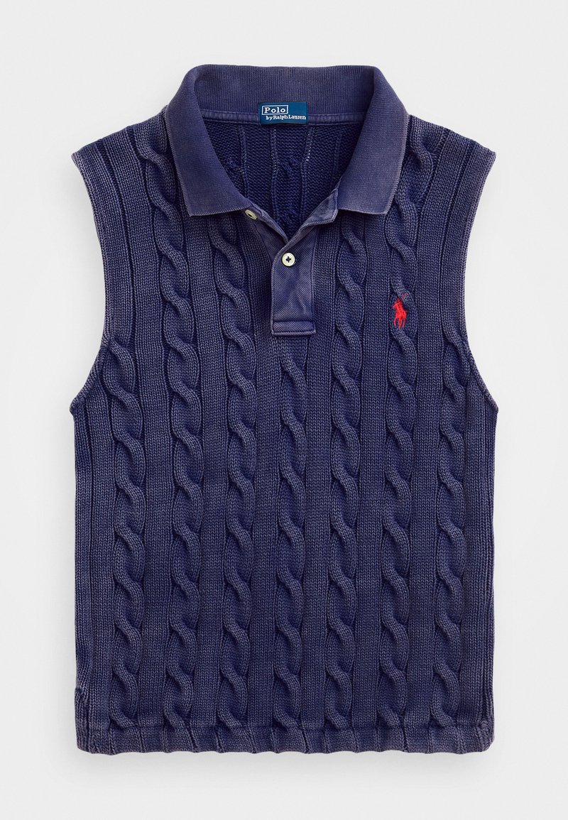 Knitted navy sleeveless polo vest featuring a cable pattern, ribbed collar, and a small red logo on the left side. Two buttons at the collar.