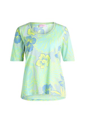 Light green short-sleeve shirt with blue and yellow large tropical floral pattern and a round neckline.