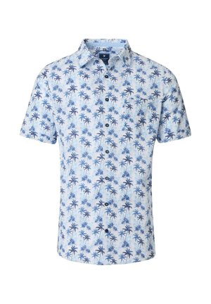 Kurzärmliges Kurzarmhemd in Hellblau mit einem Palmenmuster. Hergestellt aus atmungsaktivem Stoff, mit einem klassischen Kragen und schwarzen Knöpfen.