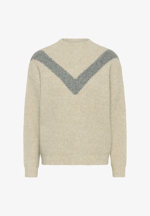 Pulover bej cu un design texturat în forma de zigzag gri pe umeri. Prezintă un guler înalt și manșete și tiv ribelate. Material moale, tricotat.