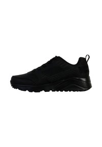 Czarne buty sportowe z oddychającą siateczką, teksturowanymi akcentami, sznurowaniem i wytrzymałą gumową podeszwą. Połączenie eleganckiego designu i komfortu.