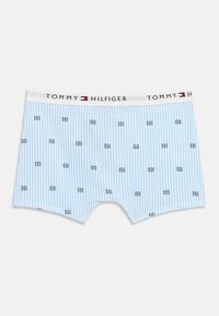 Μπλε ριγέ αντρικά μποξεράκια με άσπρη ζώνη μέσης που φέρει την επιγραφή "TOMMY HILFIGER". Μαύρα ορθογώνια σχέδια διακοσμούν το ύφασμα.