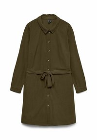 Robe chemise verte olive avec un col, boutonnière à l'avant, manches longues et une ceinture à nouer à la taille. Tissu doux et texturé.