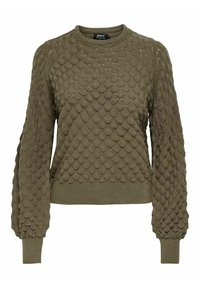 Maglione verde oliva realizzato in tessuto testurizzato con un motivo a scaglie. Presenta un collo rotondo e polsini e orlo a costine.