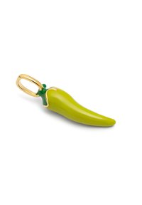 Ciondolo a forma di peperoncino verde realizzato in smalto lucido, con un anello in metallo dorato e un accento verde nella parte superiore. Texture liscia, forma allungata.