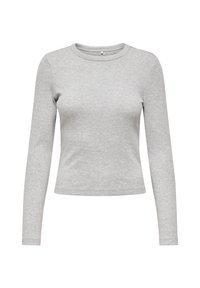 Γκρι μακρυμάνικο πουκάμισο από μαλακό ύφασμα, με στρογγυλή λαιμόκοψη και εφαρμοστή γραμμή. Λε ία υφή χωρίς ορατά σχέδια.