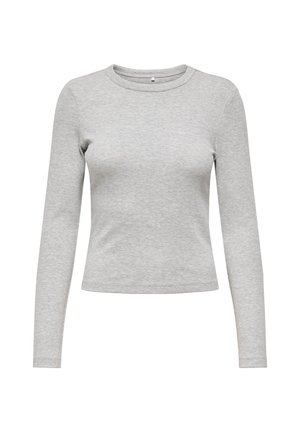 Chemise gris à manches longues en tissu doux, avec un col rond et une coupe ajustée. Texture lisse sans motifs visibles.