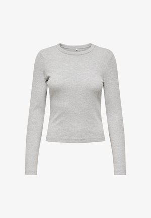 Gray long-sleeve shirt made from soft fabric, featuring a round neckline and a form-fitting design. Smooth texture with no visible patterns.