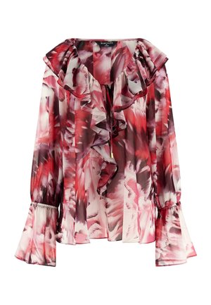 Blouse met lange mouwen en een abstract bloemenprint in rood, roze en wit, voorzien van een gerimpelde kraag, strik aan de voorkant en uitlopende manchetten.