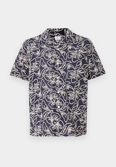 Košeľa s krátkym rukávom v námorníckej modrej farbe s bielym kvetinovým vzorom, s zdobením na gombíky vpredu a klasickým golierom. Ľahký a priedušný materiál.