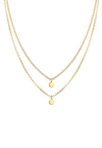 Gouden, gelaagde ketting met twee delicate kettingen met kleine, ronde hangers op verschillende lengtes. Gladde textuur en glanzende afwerking.