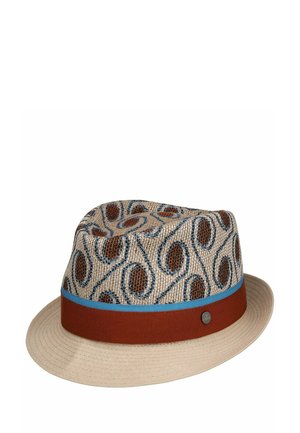 Fedora hat with woven beige crown featuring brown and blue oval patterns, tan brim, and rust-colored band with blue trim and small metal logo.