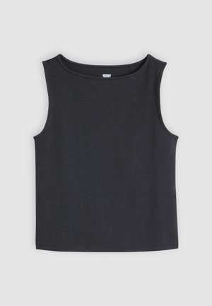 Μαύρο αμάνικο κοντό τοπ με στρογγυλή λαιμόκοψη και ετικέτα Levi's στο εσωτερικό της λαιμόκοψης, σε ανοιχτό γκρι φόντο.