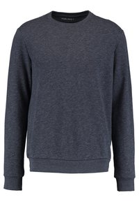 Szara bluza z okrągłym dekoltem wykonana z miękkiego materiału, z długimi rękawami, ściągaczami na mankietach i luźnym krojem, bez wzorów i logo.