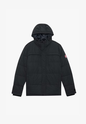 Chaqueta negra acolchada con capucha, que cuenta con dos bolsillos en el pecho con cremallera, cierre a presión y puños elásticos. Material exterior suave con acabado mate.