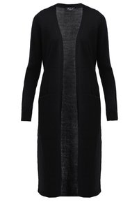Long cardigan noir ouvert devant, avec manches longues et deux poches avant, en tissu tricoté.