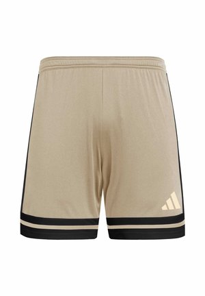 Shorts de sport beiges avec des accents noirs, présentant une finition texturée, une taille élastique et trois bandes le long de l'ourlet. Logo Adidas affiché.