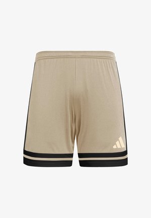Beige sport shorts met zwarte accenten, met een gestructureerde afwerking, elastische tailleband en drie strepen langs de zoom. Adidas-logo zichtbaar.