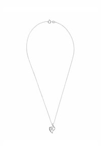 Silvrig halsband med en hjärtformad hänge som har en klar sten, strukturerad detalj och en säker klämfångslås.