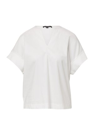 White, short-sleeved blouse with a v-neckline, made of lightweight fabric, featuring a relaxed fit and rolled cuff detail.